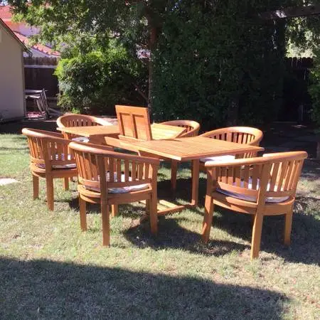 Pacific Rim Trading Company Solid Teak Table and 6 Peanut Teak Patio Dining Chai