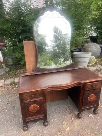 Vintage antique walnut depression vanity dresser with mirror