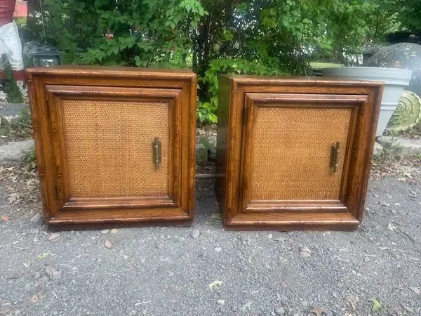 Pair of Vintage faux bamboo and caned modern nightstands
