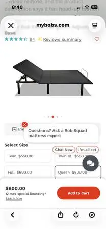 Bob’s Queen Adjustable Bed Base – Head Lift Only – Wired Remote