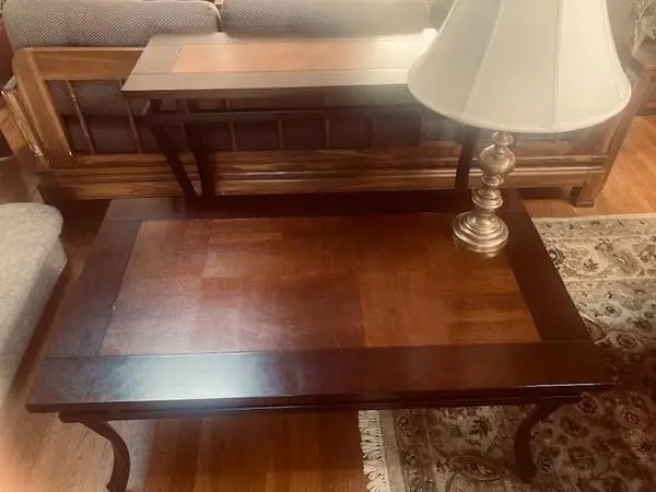 Solid wood coffee table and console table w/ metal bases, brass lamp