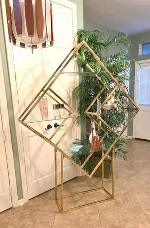 ►Mid Century Modern Milo Baughman Style Brass & Glass Diamond Etagere