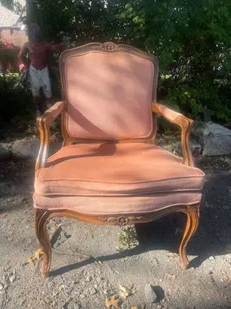 Vintage cherry peach upholstered French arm chair