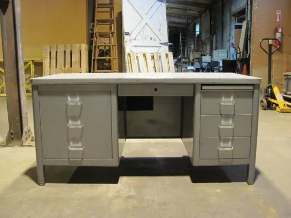 Vintage gray metal office desk, original top, 4 drawers, side cabinet