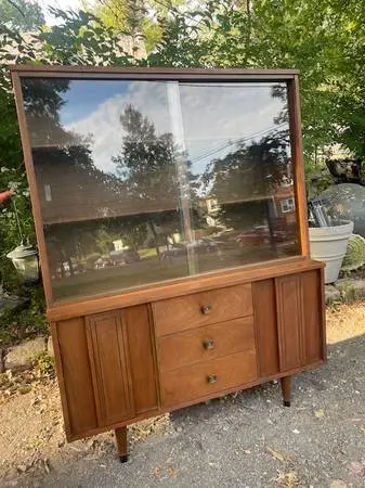 Vintage mid century modern walnut China cabinet by Stanley