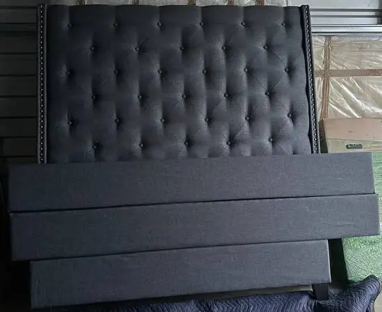 Tall headboard queen size frame gray with fabric tacks pattern
