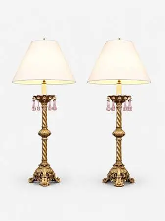 Pair of Victorian Revival Brass & Cast Metal Table Lamps with Pink Cry