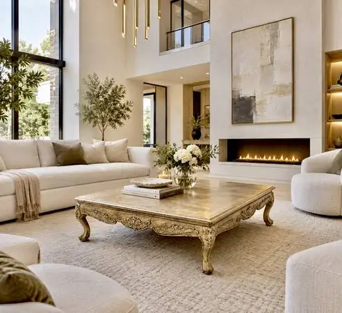 Classic & elegant coffee table. Light distressed finishing solid wood.