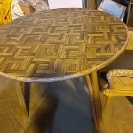 Vintage: Table, lamp stands, end tables , wood and rattan chairs