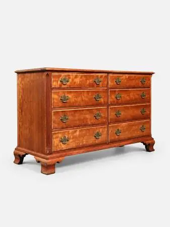 American Colonial Revival Cherry Wood & Brass Eight-Drawer Dresser by