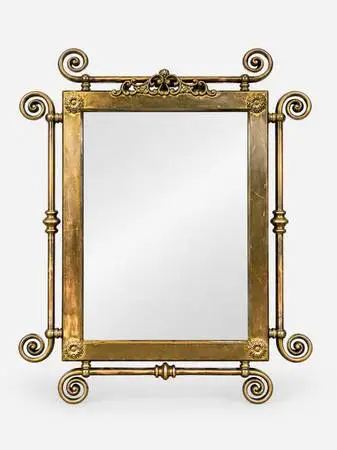 Antique Victorian Revival Brass Wall Mirror with Floral Rosettes & Scr