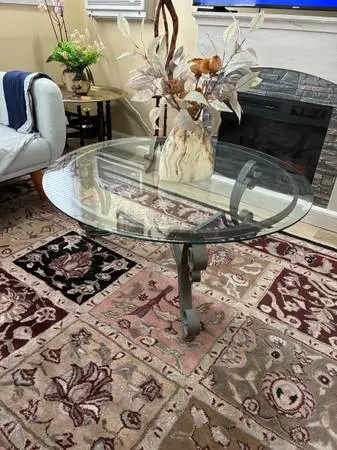 Glass and metal coffee table and side table