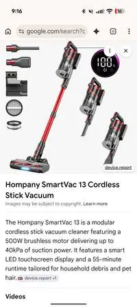 Gently Used Hompany SmartVac 13 Cordless Stick Vacuum - 500W / 40Kpa