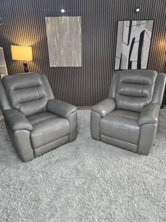 LIKE NEW - 2 Grey Power Reclining Top Grain Leather Armchairs with USB