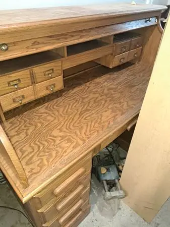 Large blonde oak vintage roll top desk