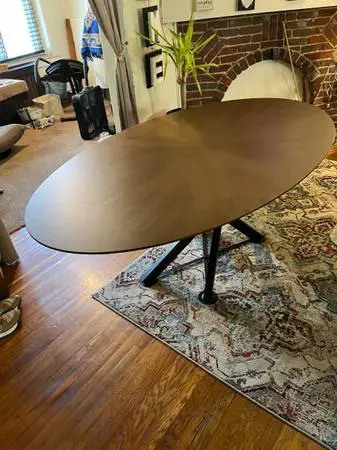 75” Oak Sunburst Oval Dining Table Modern Black Steel Base – Seats 6