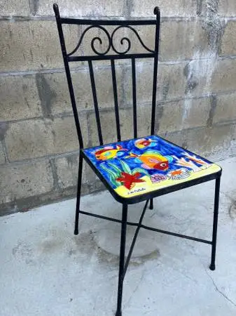 Vintage Wrought Iron Chair with Hand-Painted Fish Tile Seat