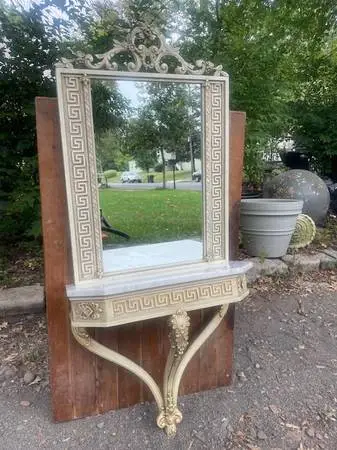 Vintage French Italian painted marble top wall console and mirror