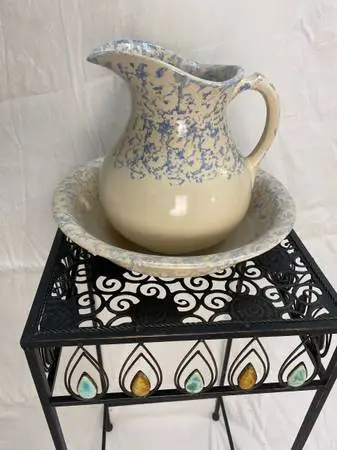 Vintage Blue Beige Ironstone Pitcher & Wash Basin Made in USA