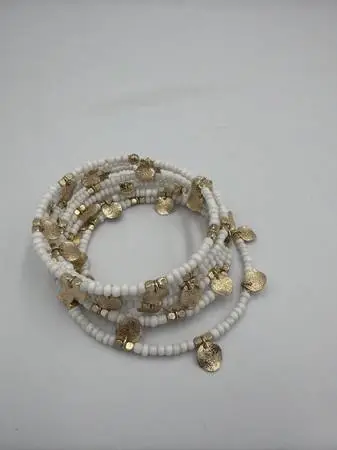 White Seed Bead and Gold Hammered Coin Multi-Wrap Bracelet