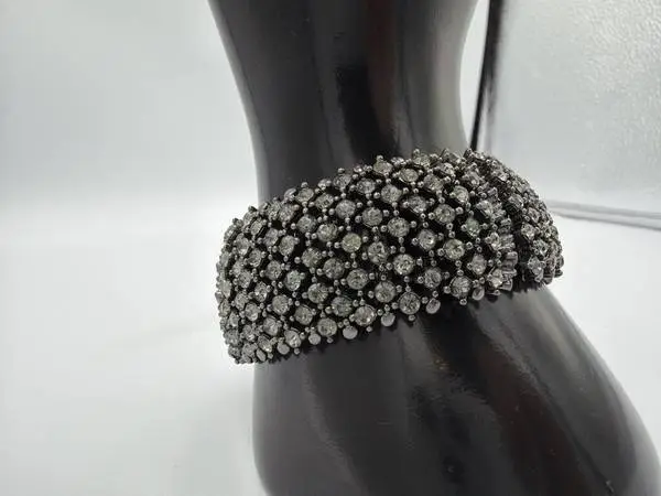 Wide Gunmetal Crystal Stretch Cuff Bracelet