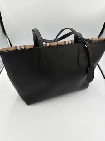 Burberry Grainy Calfskin Haymarket Check Medium Reversible Tote Black
