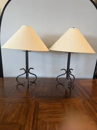 Curved Iron Lamps W/ Paper Shades- Pair- 22X22X20H