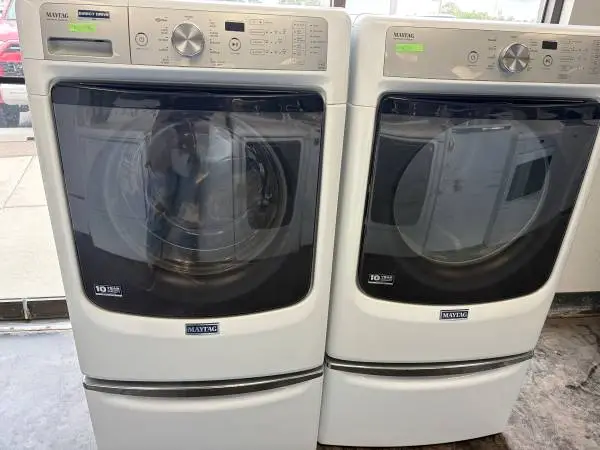 Front Load Maytag Maxima Washer & Dryer Set on Pedestal