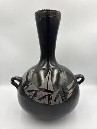 Vintage Signed P. Mateos Art Carved Blackware Pottery Vase- 10X10X13-