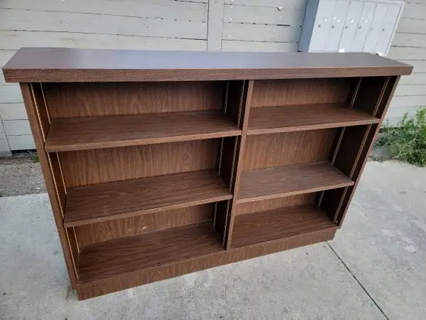 5 ft wide low vintage brown wood formica BOOKCASE Cabinet Danish MCM
