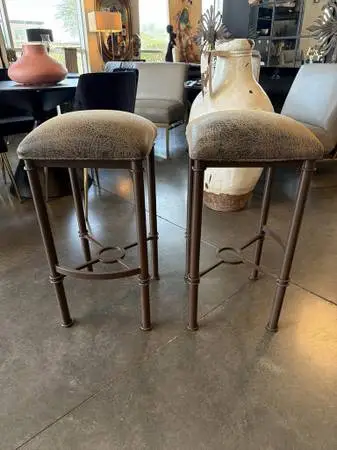 Wrought Iron Bar Stools W/ Upholstered Seats - Pair -15X29H