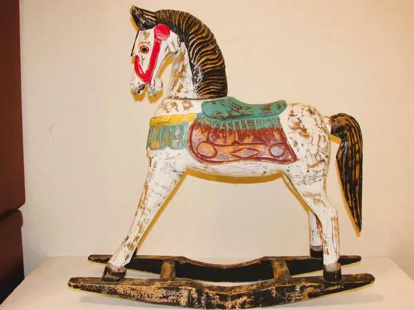 Vintage Folk Art Rocking Horse Hand Carved Wood Hand Painted