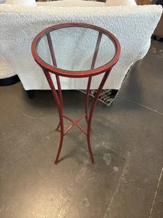 Red Metal Side Table W/ Glass Top- 12X12X32H