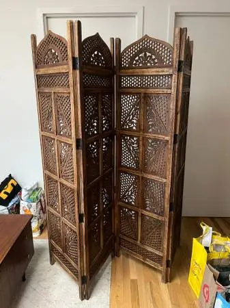 Vintage Boho Hand Carved Four Panel Wooden Room Divider