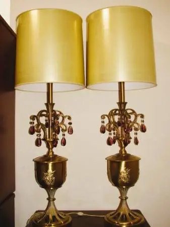 2 MCM Brass Lamps Large Torchiere With Shades & Amethyst Prisms