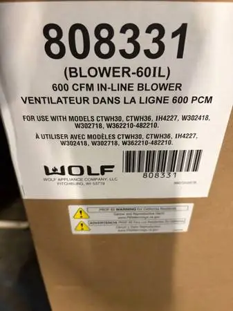 WOLF 600cfm INLINE BLOWER #808331 FOR HOOD VENTS, install manual