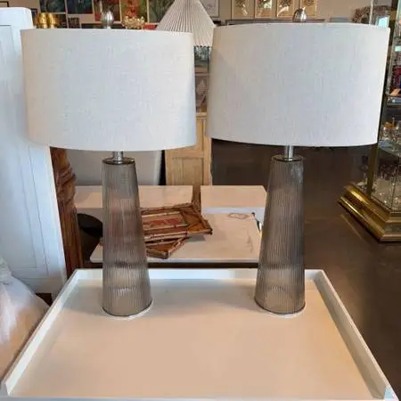 Clear Glass Fluted Lamps W/ Silver Rim- Pair- 16X30H