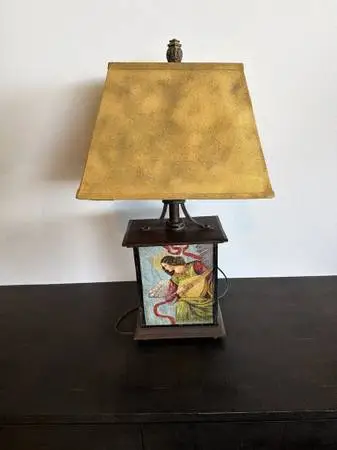 Hand Painted Iron Lamp W/ Angel & Flower- 17X11X28