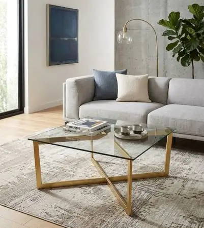 West Elm Mid Century Modern Brass X-Base Glass Coffee Table
