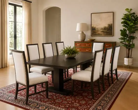 RH- RESTORATION Hardware table & 6 WORLD MARKET modern chairs.