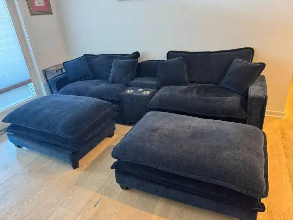 Navy Blue Chenille Fabric Couch with Console & Ottomans