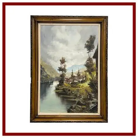 Signed European Lakeside Village Oil Painting