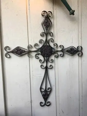 Vintage cool wrought metal hanging Cross/ 32” tall x 27” wide