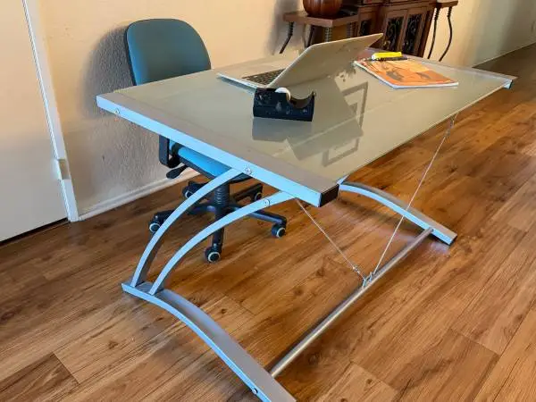 Desk modern style minimalist metal frame frosted glass 4 ft wide