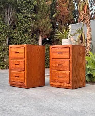 Pair of 3-Drawer Postmodern Vintage Nightstands – Waterfall Design